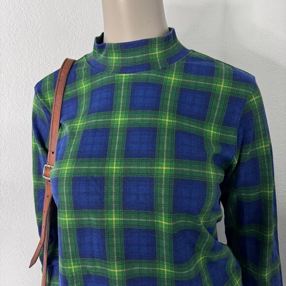 Dark Academica Mock Neck Plaid Long Sleeve Blue and Green Size Large Preppy Fall - Picture 5 of 6